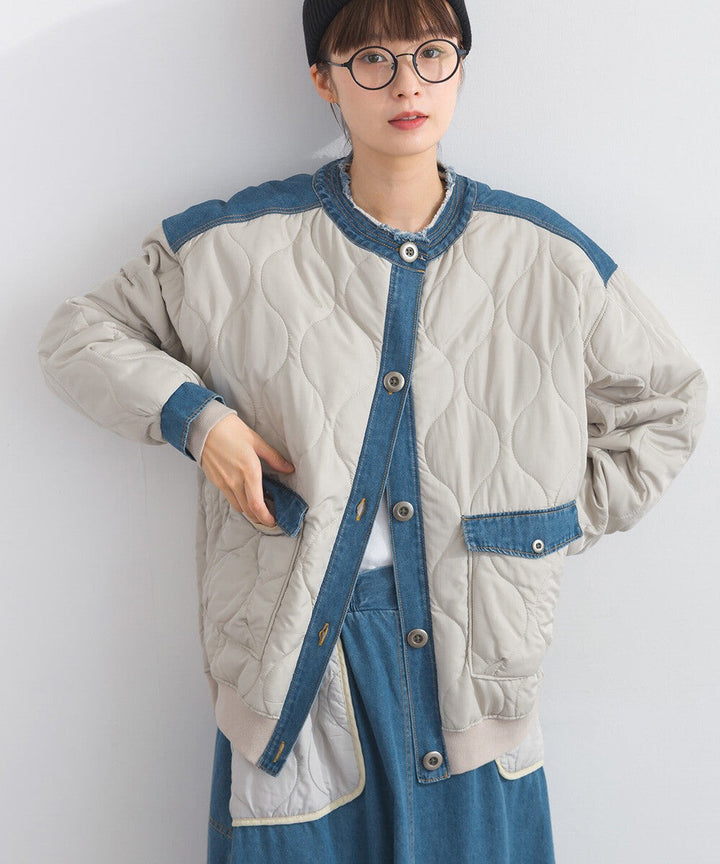 【iriey】菱格鋪棉×牛仔拼接 品牌刺繡 短夾克外套 Japan E-Shop