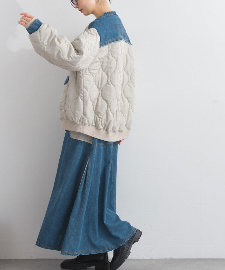 【iriey】菱格鋪棉×牛仔拼接 品牌刺繡 短夾克外套 Japan E-Shop