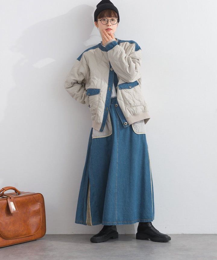 【iriey】菱格鋪棉×牛仔拼接 品牌刺繡 短夾克外套 Japan E-Shop