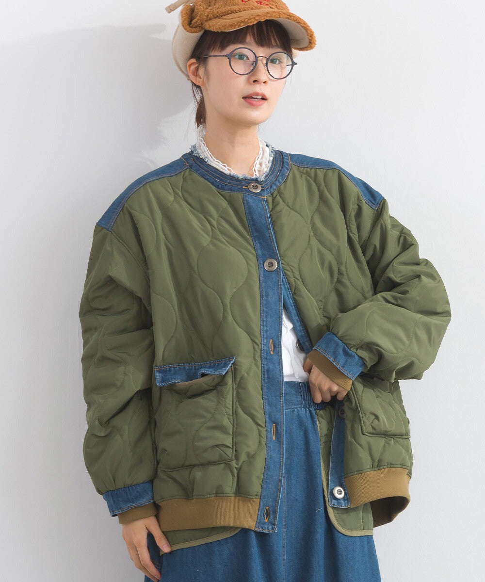 【iriey】菱格鋪棉×牛仔拼接 品牌刺繡 短夾克外套 Japan E-Shop