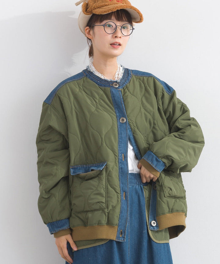 【iriey】菱格鋪棉×牛仔拼接 品牌刺繡 短夾克外套 Japan E-Shop