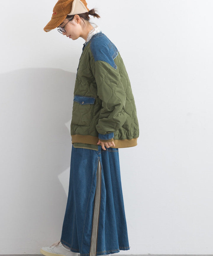 【iriey】菱格鋪棉×牛仔拼接 品牌刺繡 短夾克外套 Japan E-Shop