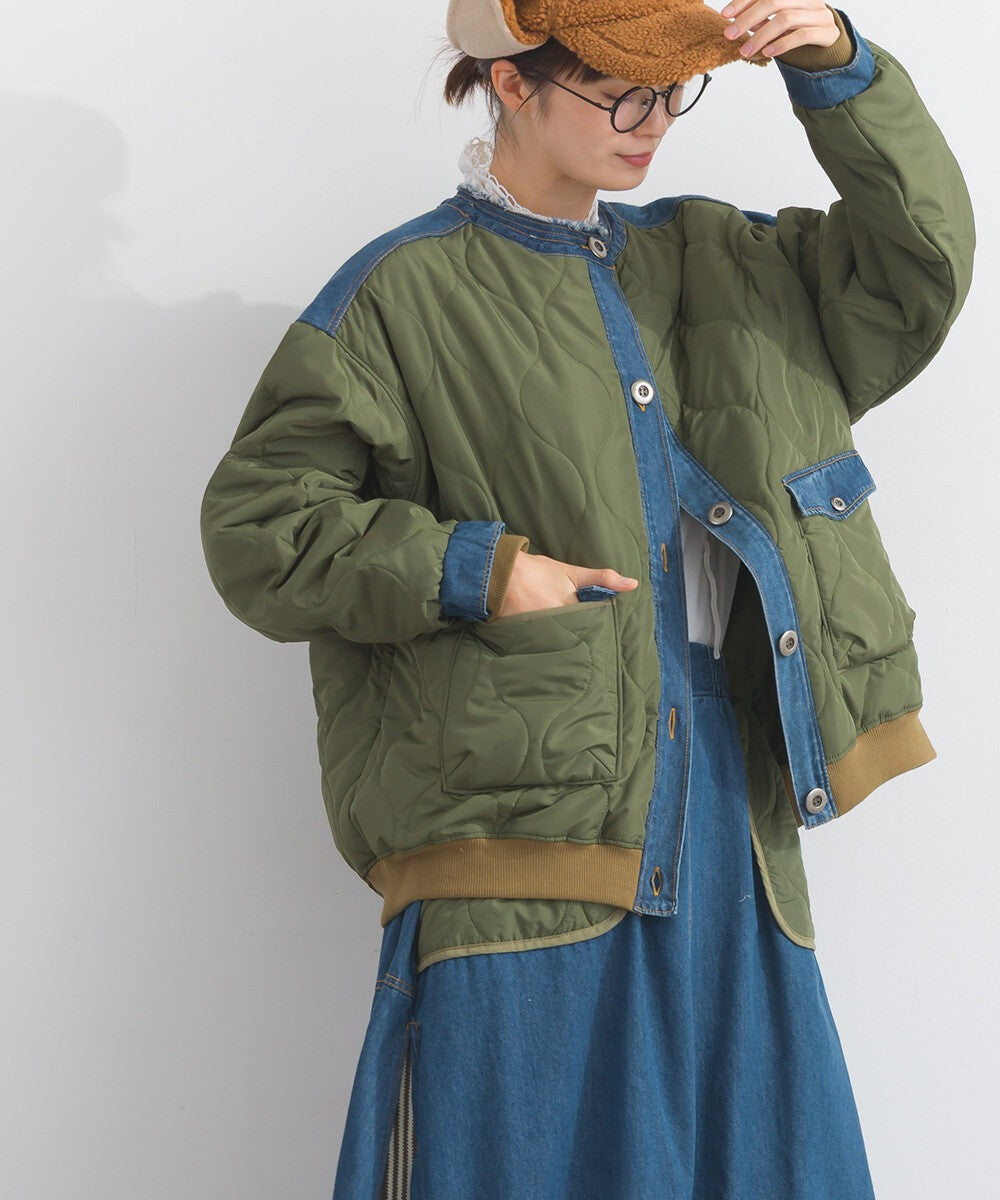 【iriey】菱格鋪棉×牛仔拼接 品牌刺繡 短夾克外套 Japan E-Shop