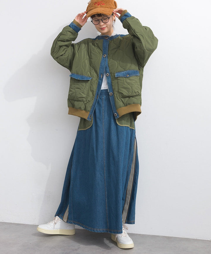 【iriey】菱格鋪棉×牛仔拼接 品牌刺繡 短夾克外套 Japan E-Shop