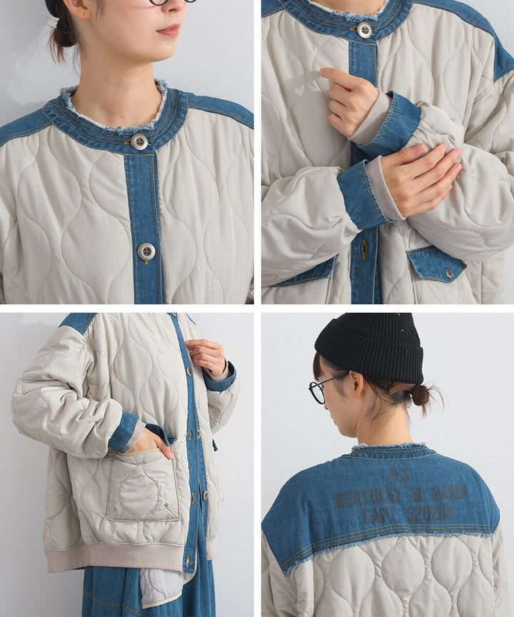 【iriey】菱格鋪棉×牛仔拼接 品牌刺繡 短夾克外套 Japan E-Shop