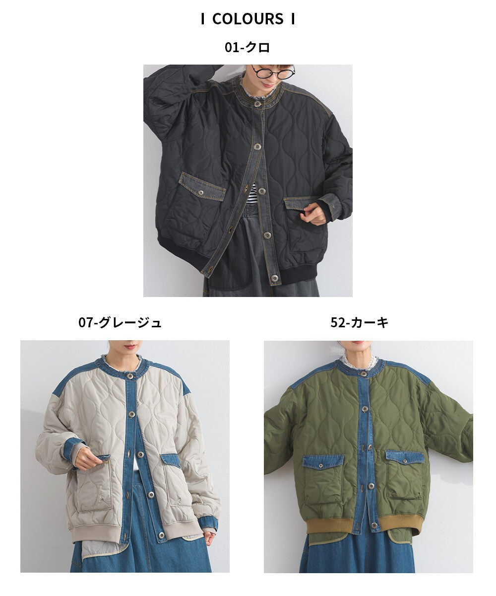 【iriey】菱格鋪棉×牛仔拼接 品牌刺繡 短夾克外套 Japan E-Shop