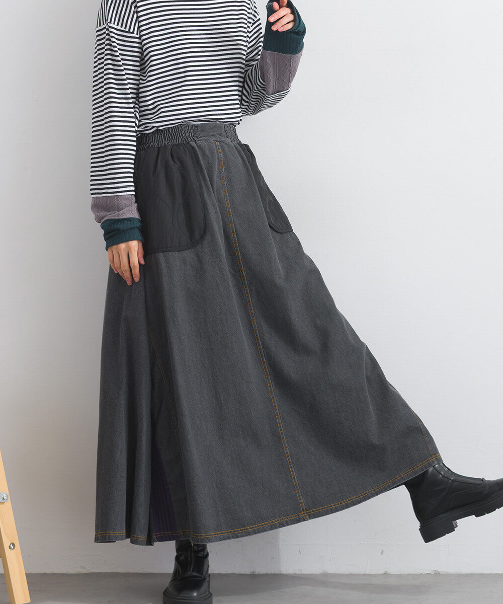 【iriey】菱格鋪棉×牛仔拼接 復古改造 A字長裙 Japan E-Shop