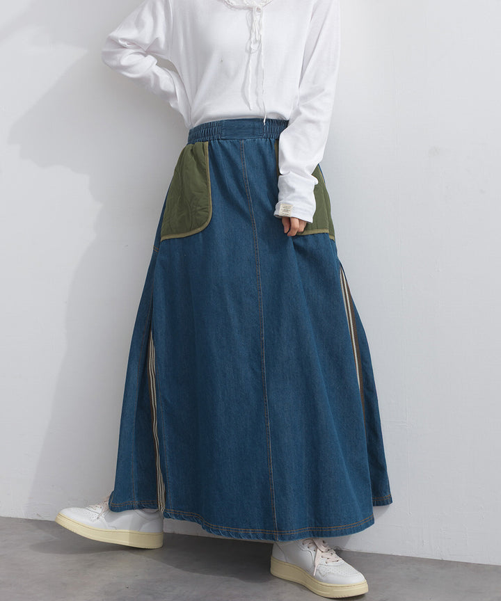 【iriey】菱格鋪棉×牛仔拼接 復古改造 A字長裙 Japan E-Shop