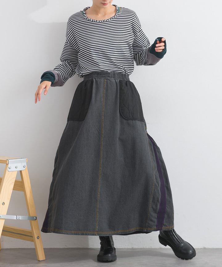 【iriey】菱格鋪棉×牛仔拼接 復古改造 A字長裙 Japan E-Shop