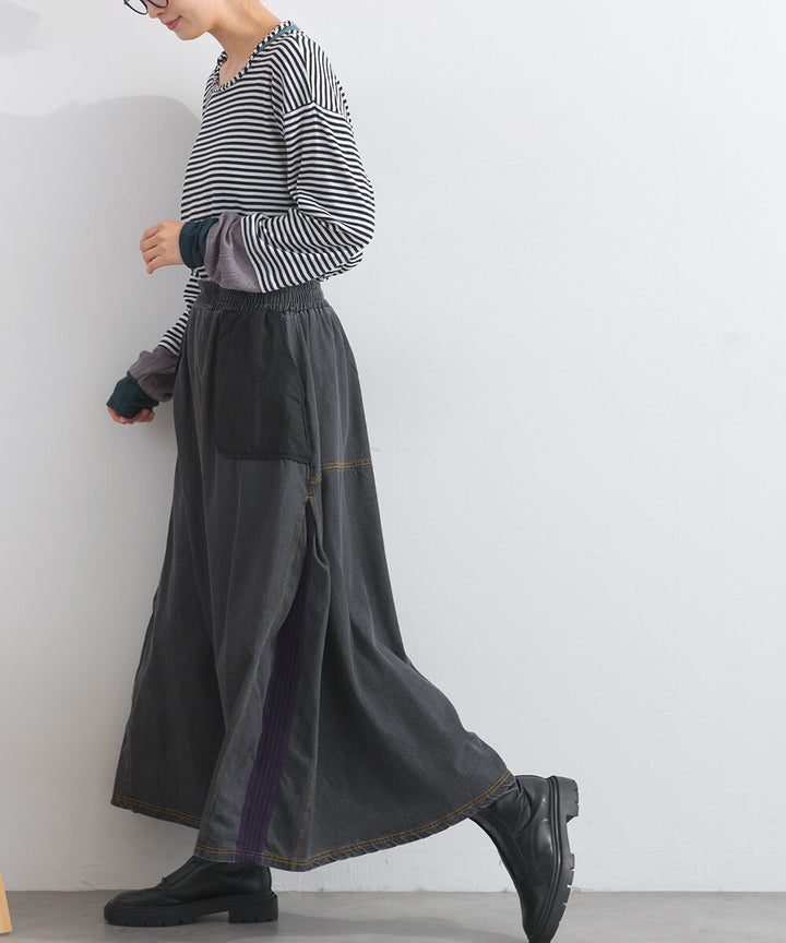 【iriey】菱格鋪棉×牛仔拼接 復古改造 A字長裙 Japan E-Shop
