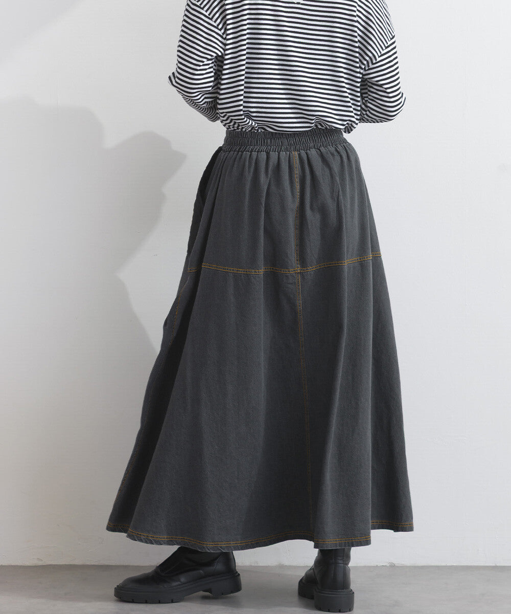 【iriey】菱格鋪棉×牛仔拼接 復古改造 A字長裙 Japan E-Shop