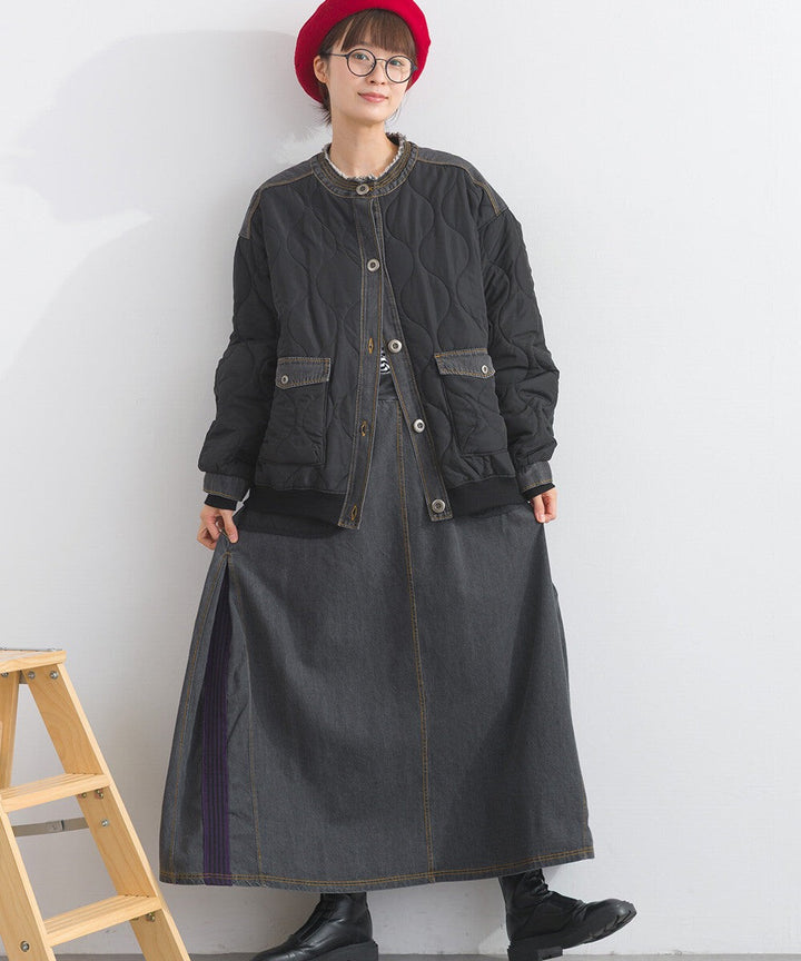 【iriey】菱格鋪棉×牛仔拼接 復古改造 A字長裙 Japan E-Shop