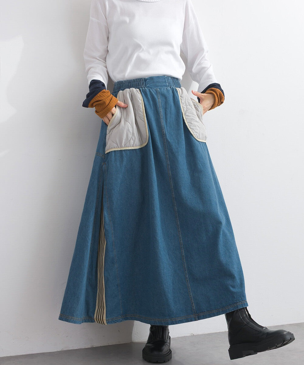 【iriey】菱格鋪棉×牛仔拼接 復古改造 A字長裙 Japan E-Shop