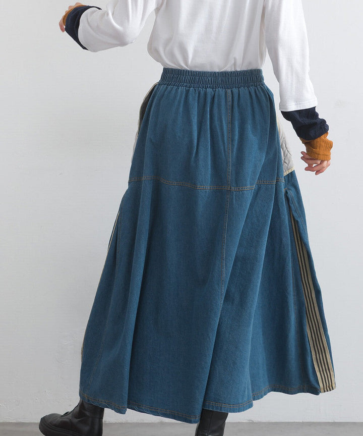 【iriey】菱格鋪棉×牛仔拼接 復古改造 A字長裙 Japan E-Shop