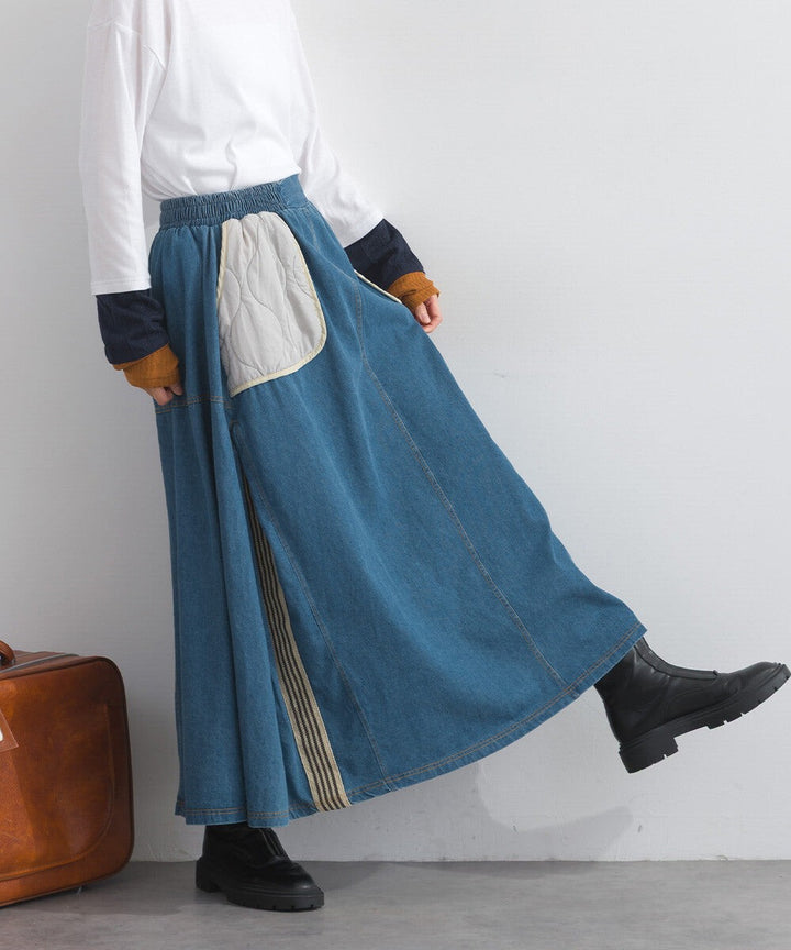 【iriey】菱格鋪棉×牛仔拼接 復古改造 A字長裙 Japan E-Shop