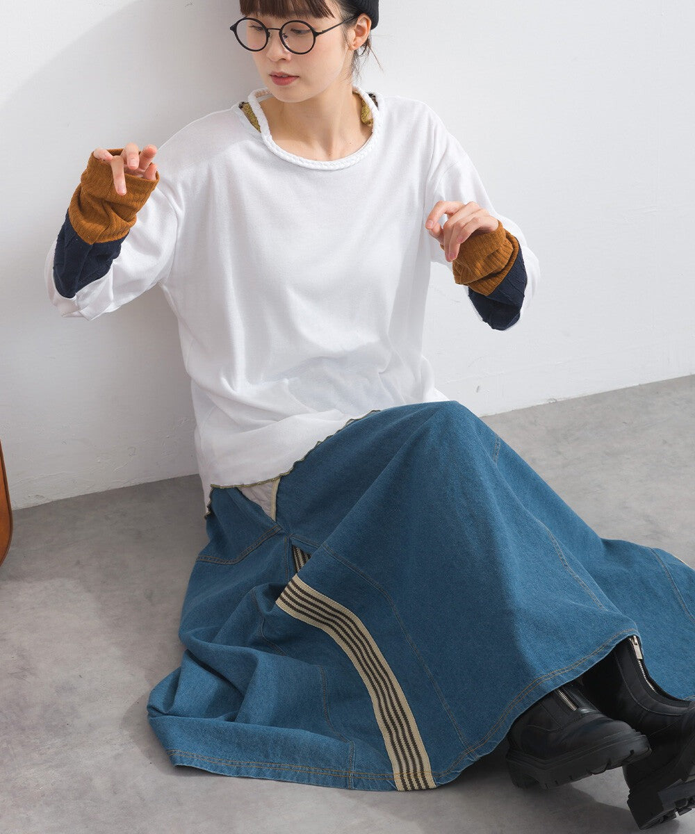 【iriey】菱格鋪棉×牛仔拼接 復古改造 A字長裙 Japan E-Shop