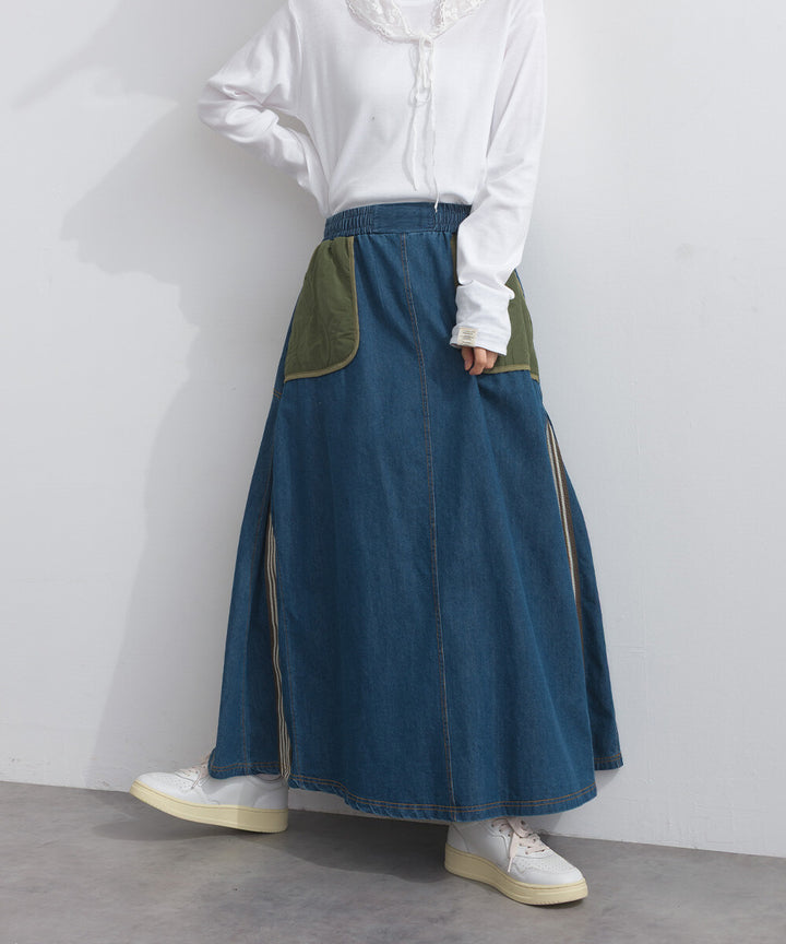 【iriey】菱格鋪棉×牛仔拼接 復古改造 A字長裙 Japan E-Shop