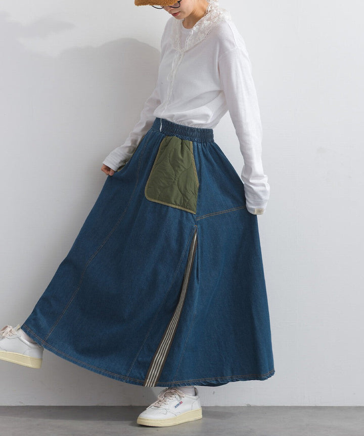 【iriey】菱格鋪棉×牛仔拼接 復古改造 A字長裙 Japan E-Shop