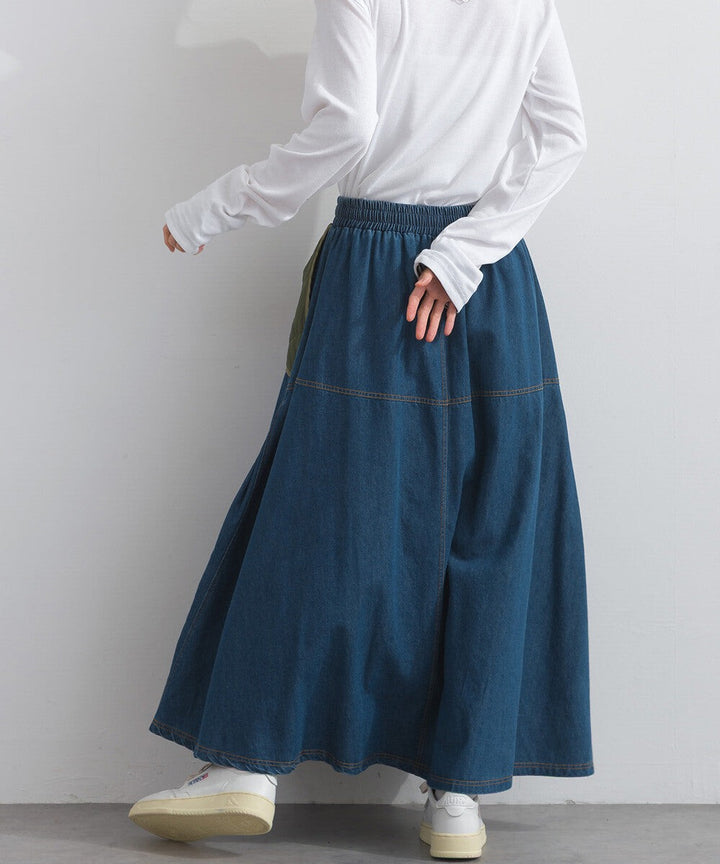 【iriey】菱格鋪棉×牛仔拼接 復古改造 A字長裙 Japan E-Shop