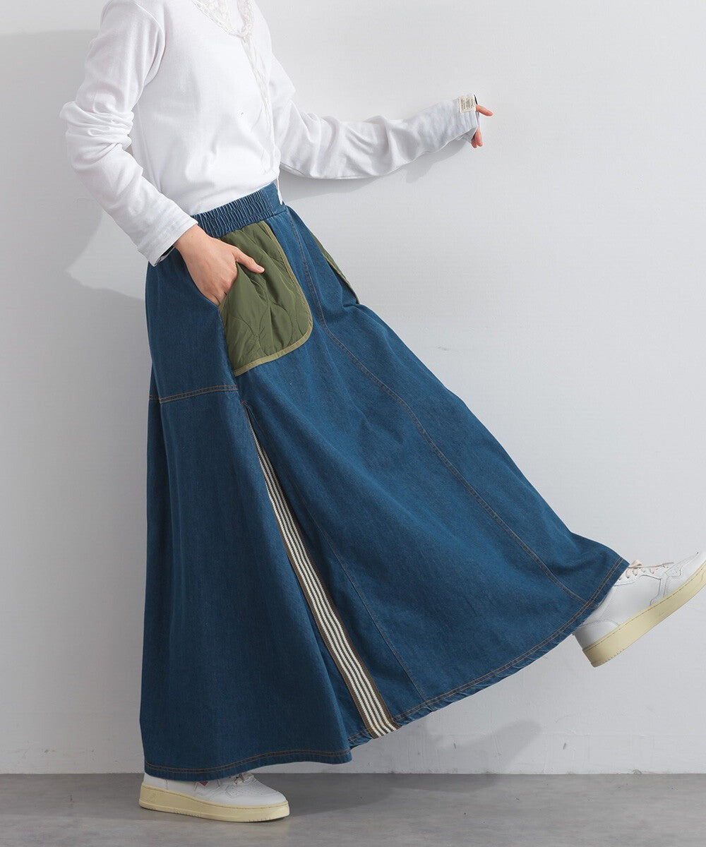 【iriey】菱格鋪棉×牛仔拼接 復古改造 A字長裙 Japan E-Shop