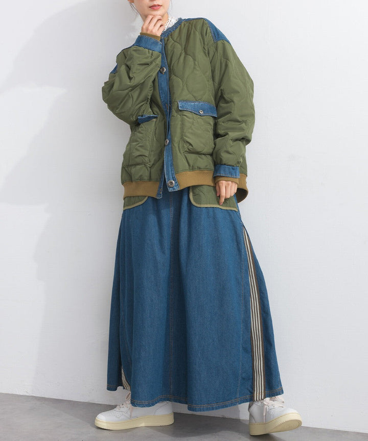 【iriey】菱格鋪棉×牛仔拼接 復古改造 A字長裙 Japan E-Shop