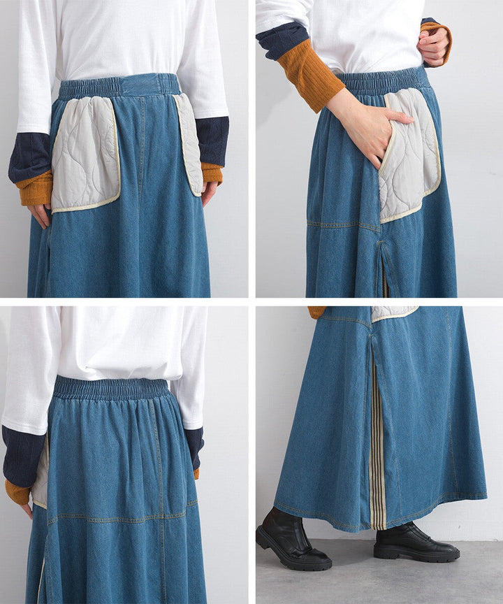 【iriey】菱格鋪棉×牛仔拼接 復古改造 A字長裙 Japan E-Shop