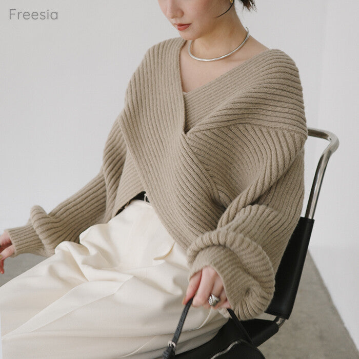 【Freesia】交叉剪接2way羅紋針織上衣 前後皆可穿摩登剪裁 顏色