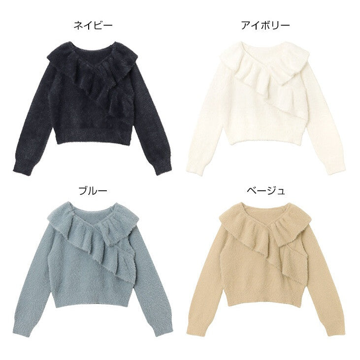 【Alma Design】雪紡羽感荷葉邊撞色針織上衣 不對稱顯瘦剪裁 顏色