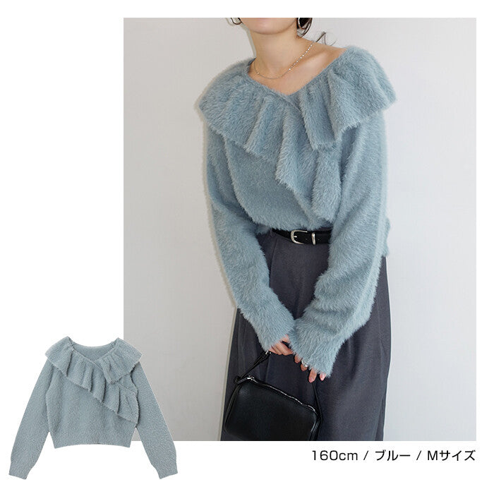 【Alma Design】雪紡羽感荷葉邊撞色針織上衣 不對稱顯瘦剪裁 顏色