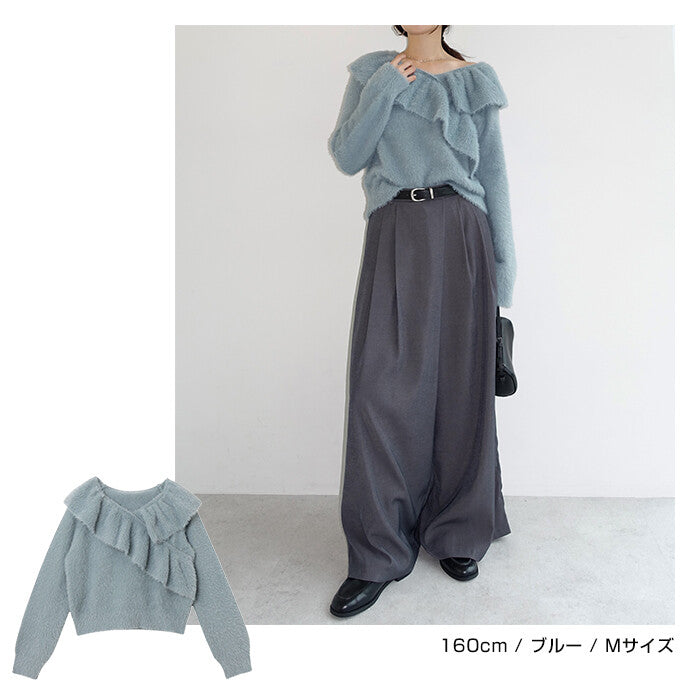 【Alma Design】雪紡羽感荷葉邊撞色針織上衣 不對稱顯瘦剪裁 顏色