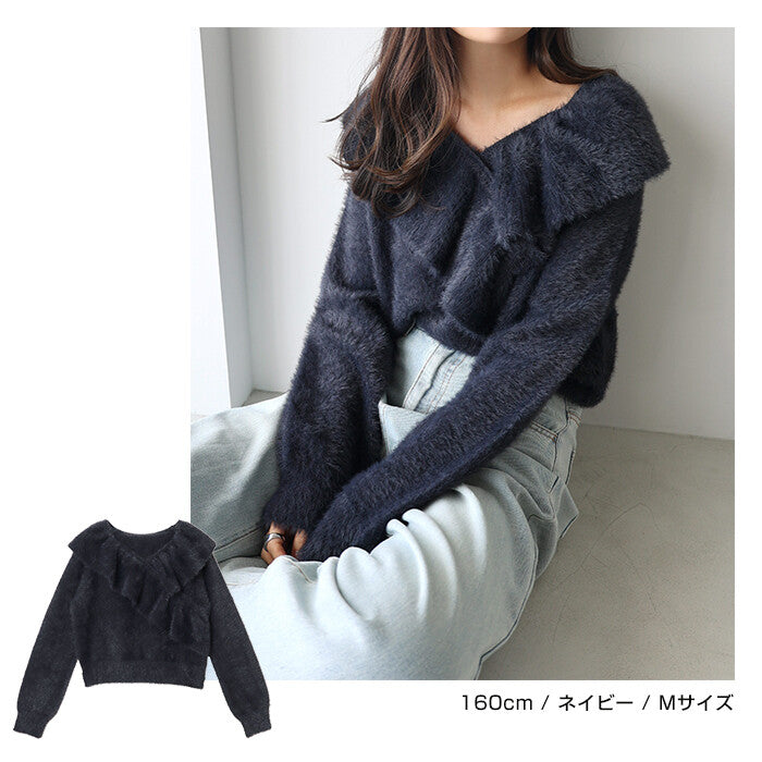 【Alma Design】雪紡羽感荷葉邊撞色針織上衣 不對稱顯瘦剪裁 顏色