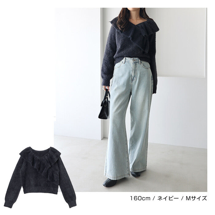 【Alma Design】雪紡羽感荷葉邊撞色針織上衣 不對稱顯瘦剪裁 顏色