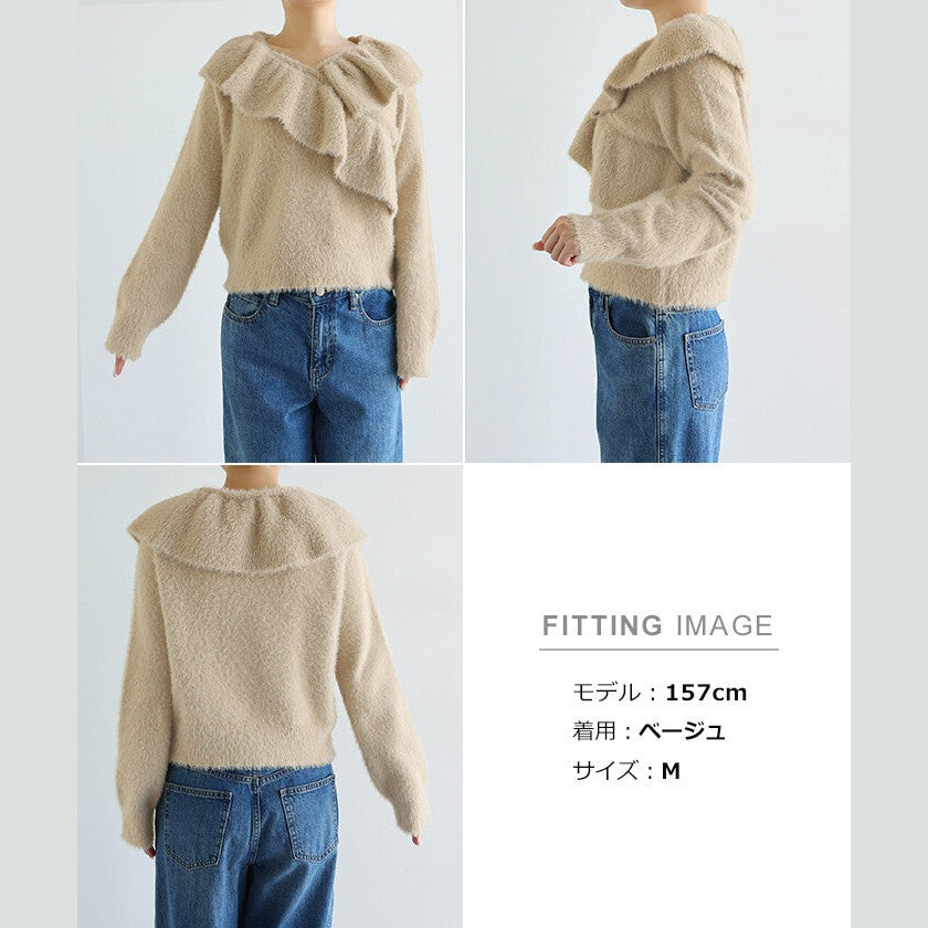 【Alma Design】雪紡羽感荷葉邊撞色針織上衣 不對稱顯瘦剪裁 顏色