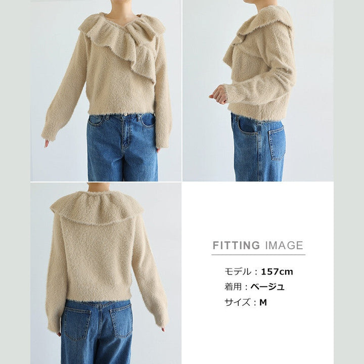 【Alma Design】雪紡羽感荷葉邊撞色針織上衣 不對稱顯瘦剪裁 顏色