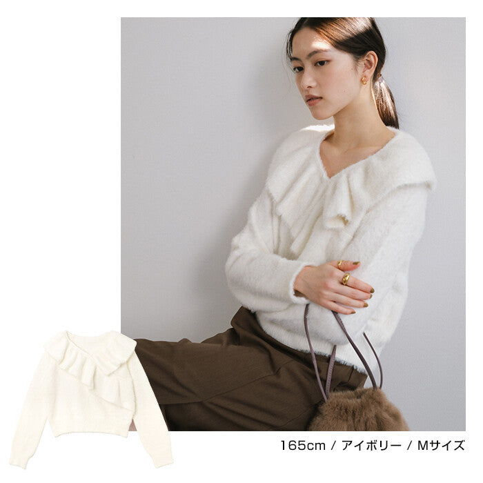 【Alma Design】雪紡羽感荷葉邊撞色針織上衣 不對稱顯瘦剪裁 顏色