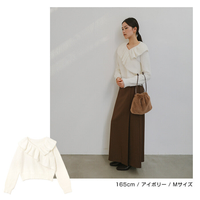 【Alma Design】雪紡羽感荷葉邊撞色針織上衣 不對稱顯瘦剪裁 顏色
