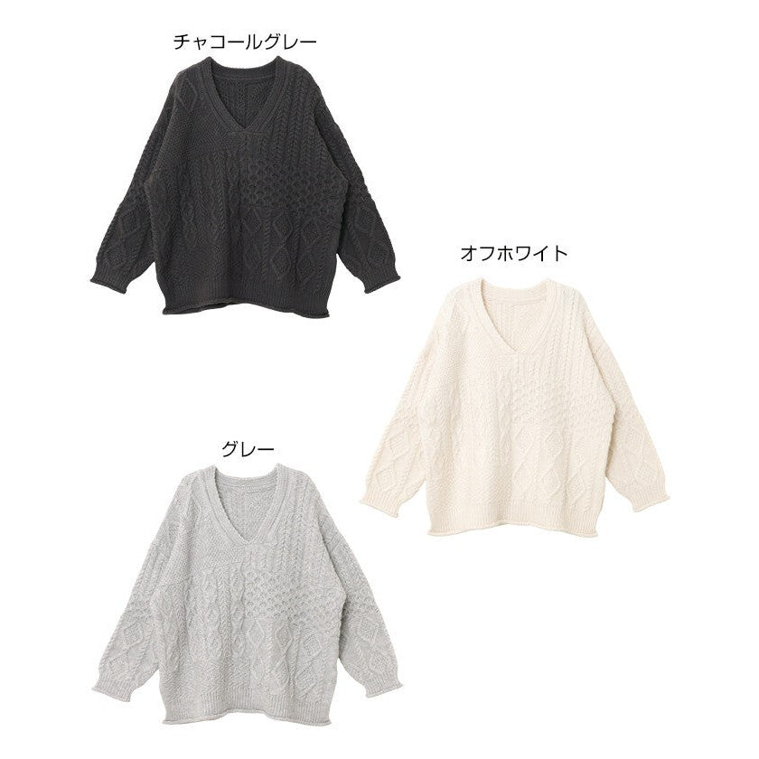 【Alma Design】麻花編織寬鬆V領針織上衣 落肩顯瘦剪裁 顏色