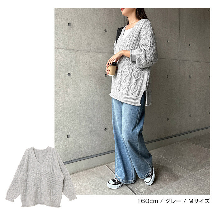 【Alma Design】麻花編織寬鬆V領針織上衣 落肩顯瘦剪裁 顏色