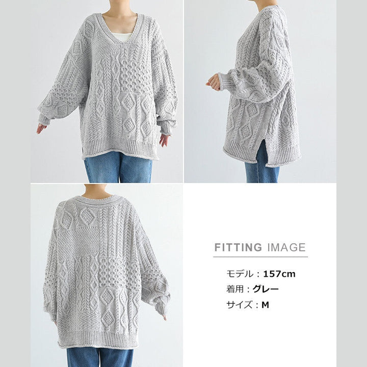 【Alma Design】麻花編織寬鬆V領針織上衣 落肩顯瘦剪裁 顏色
