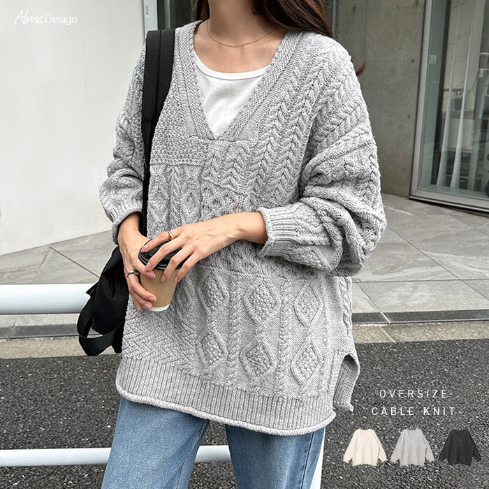【Alma Design】麻花編織寬鬆V領針織上衣 落肩顯瘦剪裁 顏色