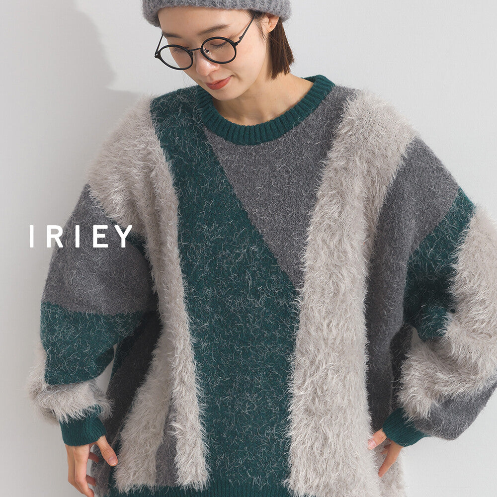 【iriey】花式紗線×蓬鬆感提花 配色針織套頭衫 顏色