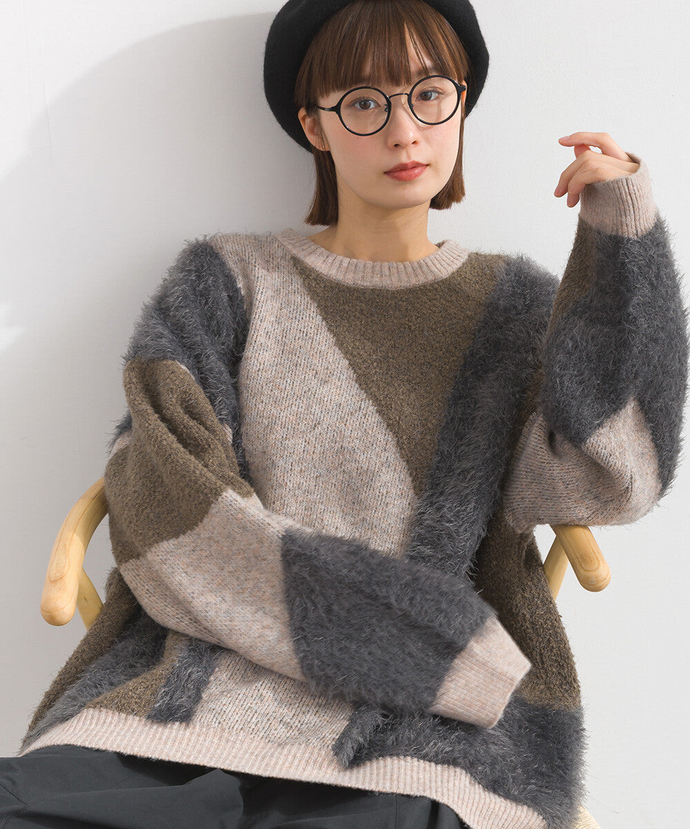 【iriey】花式紗線×蓬鬆感提花 配色針織套頭衫 Japan E-Shop