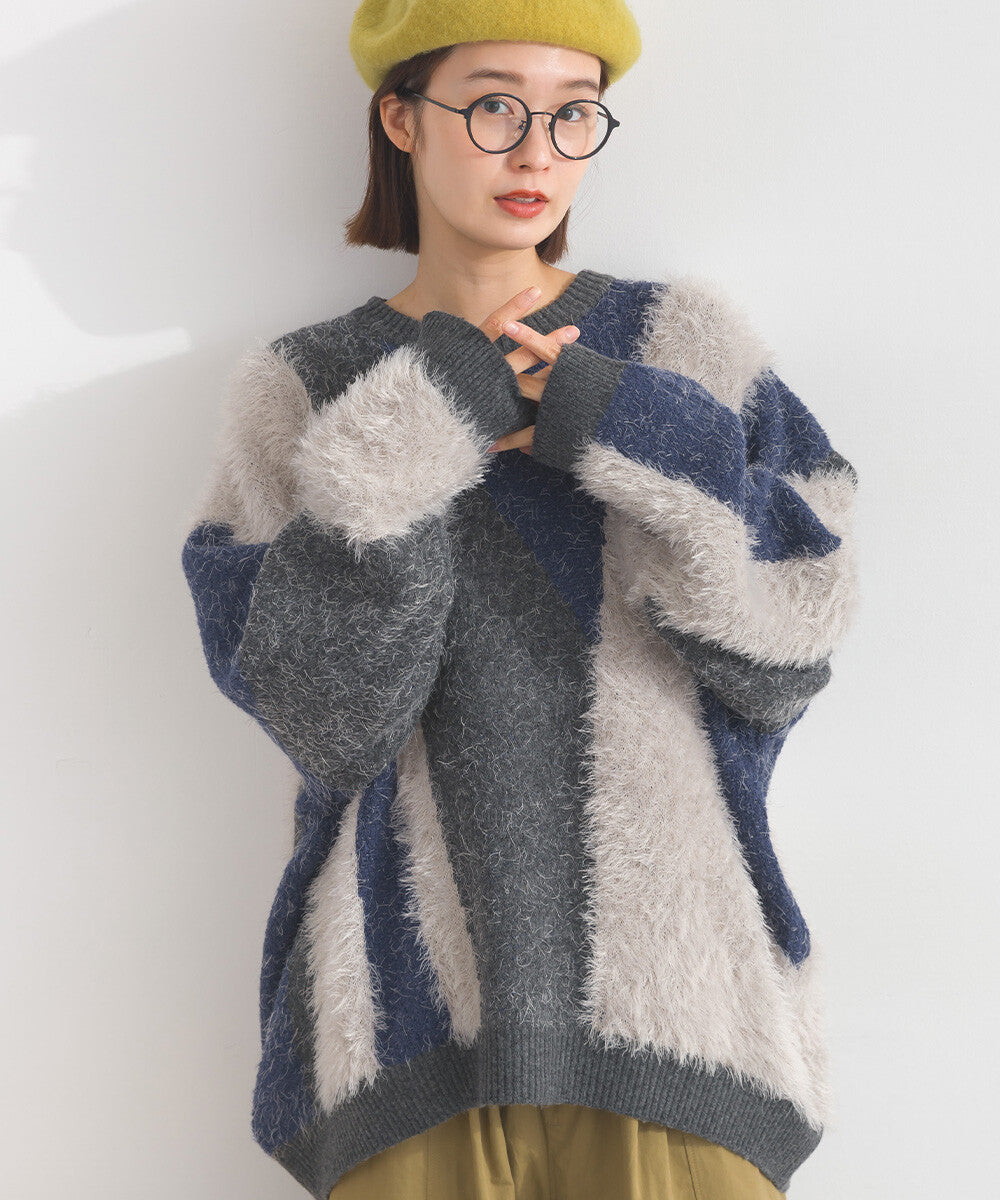 【iriey】花式紗線×蓬鬆感提花 配色針織套頭衫 Japan E-Shop