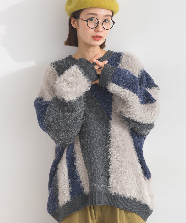 【iriey】花式紗線×蓬鬆感提花 配色針織套頭衫 Japan E-Shop