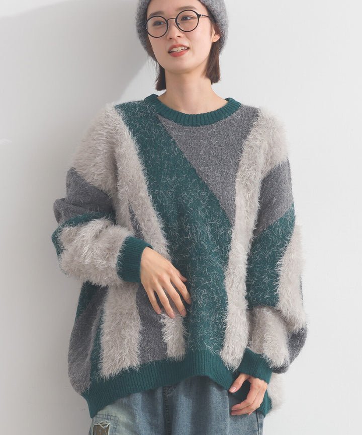 【iriey】花式紗線×蓬鬆感提花 配色針織套頭衫 Japan E-Shop