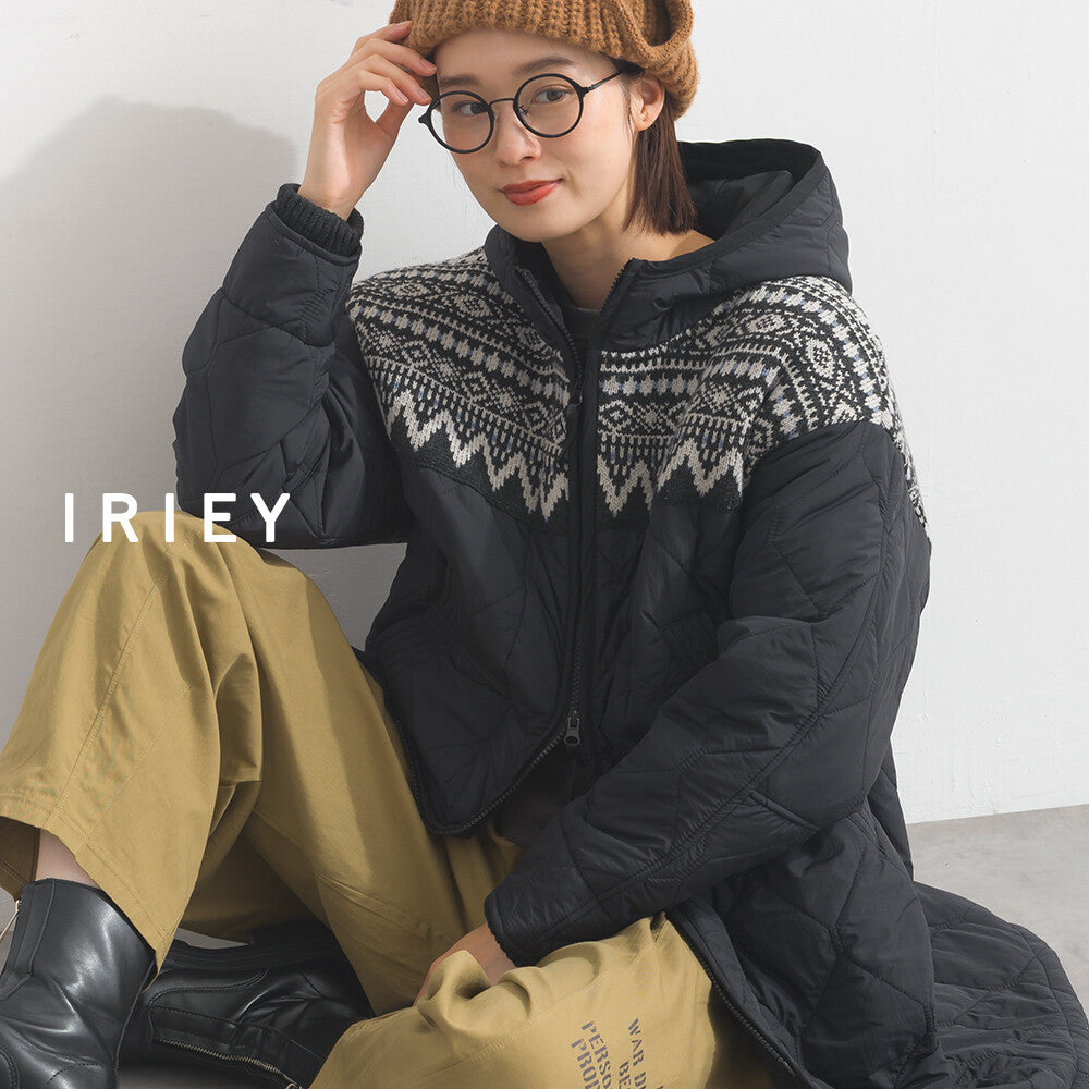 【iriey】菱格鋪棉×提花針織 拉鍊長版連帽外套 顏色