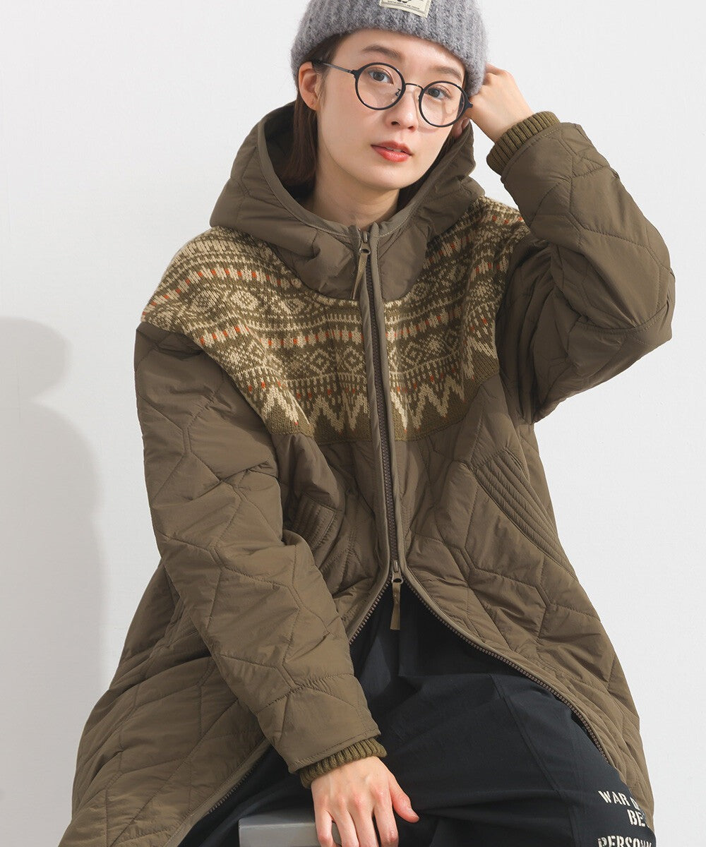 【iriey】菱格鋪棉×提花針織 拉鍊長版連帽外套 Japan E-Shop