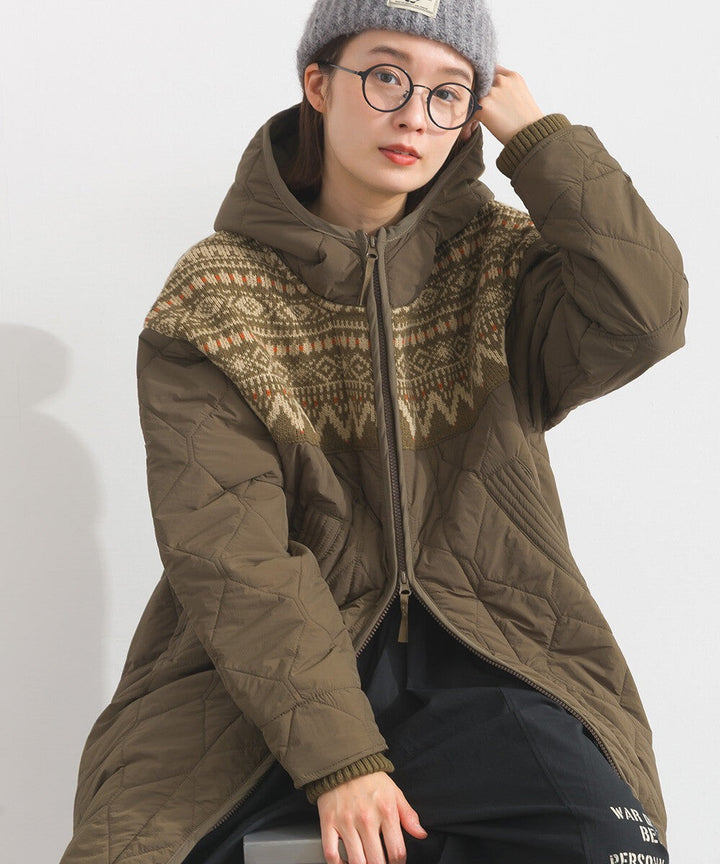 【iriey】菱格鋪棉×提花針織 拉鍊長版連帽外套 Japan E-Shop