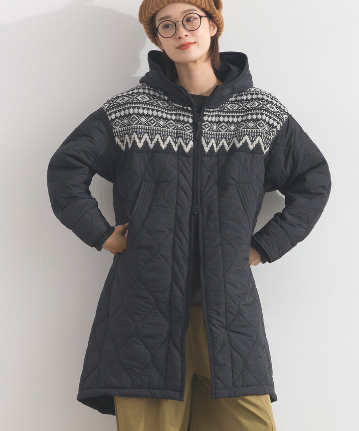 【iriey】菱格鋪棉×提花針織 拉鍊長版連帽外套 Japan E-Shop