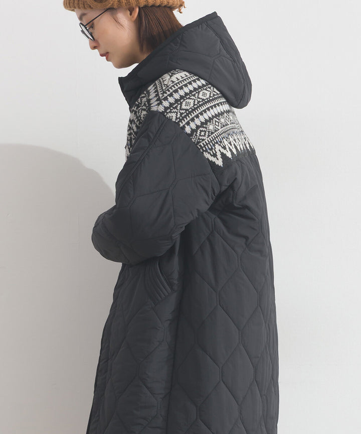 【iriey】菱格鋪棉×提花針織 拉鍊長版連帽外套 Japan E-Shop